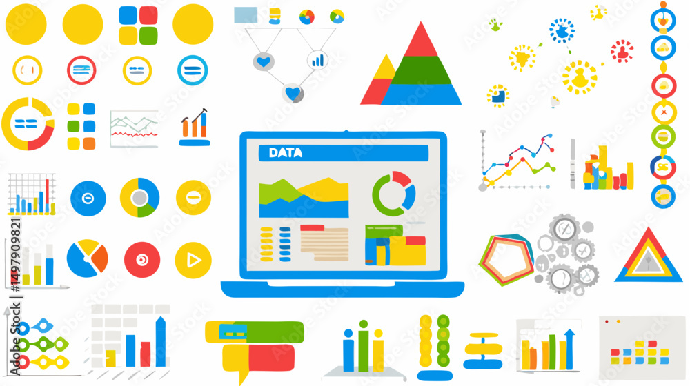 Illustration of a laptop displaying data charts and graphs with various data visualizations around it Illustration of a laptop displaying data charts and graphs with various data visualizations around it