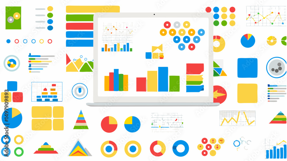 Laptop screen displaying various colorful charts and graphs with additional data visualizations around it Laptop screen displaying various colorful charts and graphs with additional data visualizations around it