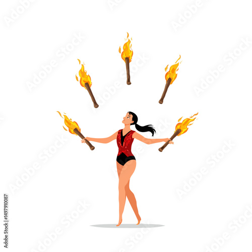  Cartoon woman juggler character entertaining with fire show juggling burning torches, isolated on white background, vector art