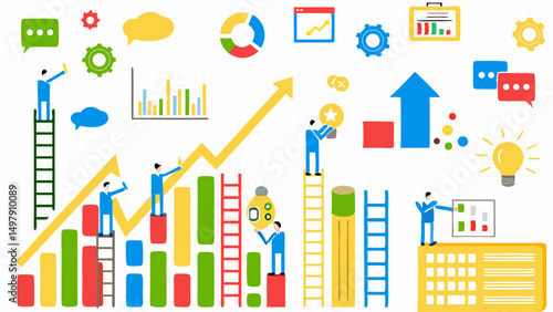 Illustration depicting business growth with rising graph, ladders, and figures working on progress