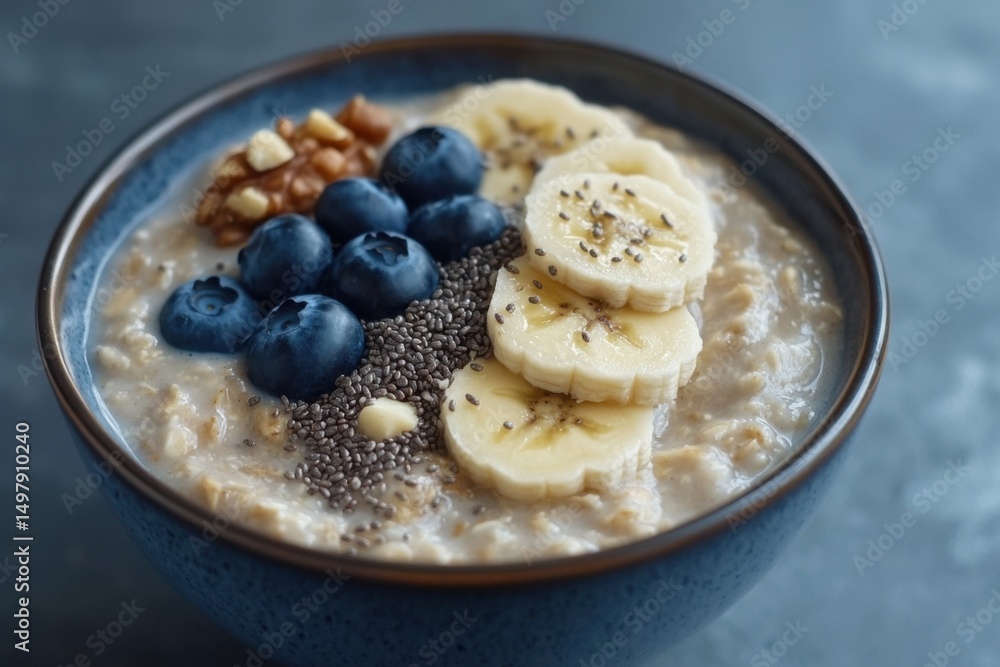 Bowl of oatmeal topped with sliced bananas, blueberries, and nuts, showcasing a healthy breakfast option with vibrant colors and textures for a nutritious start to the day Bowl of oatmeal topped with sliced bananas, blueberries, and nuts, showcasing a healthy breakfast option with vibrant colors and textures for a nutritious start to the day