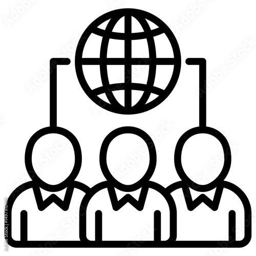 Global Team - Outline Icon - Three people connected to a globe, symbolizing global collaboration, career networking, and remote teamwork