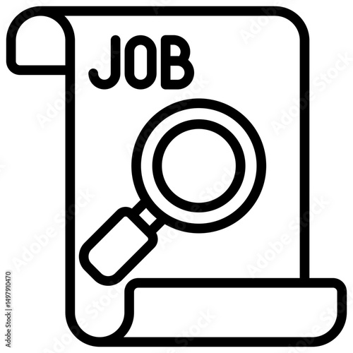 Job Search - Outline Icon - Job listing scroll with magnifying glass, representing employment search and job hunting tools