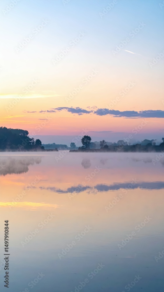 Fototapeta premium Tranquil Lake at Sunrise with Soft Pastel Colors and Misty Reflection