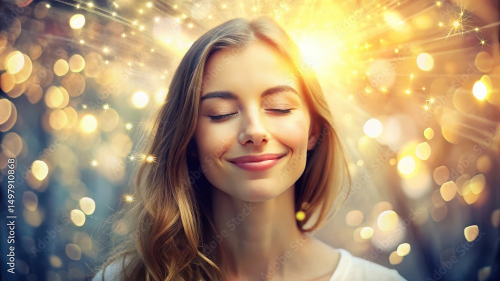 A woman smiles peacefully with closed eyes, surrounded by glowing, radiant lights and sparkling effects, creating a serene and joyful atmosphere. A woman smiles peacefully with closed eyes, surrounded by glowing, radiant lights and sparkling effects, creating a serene and joyful atmosphere.