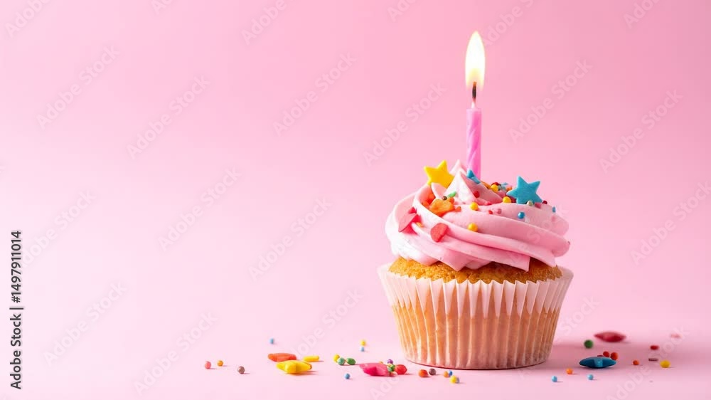 Pink Birthday Cupcake With Candle And Sprinkles Pink Birthday Cupcake With Candle And Sprinkles