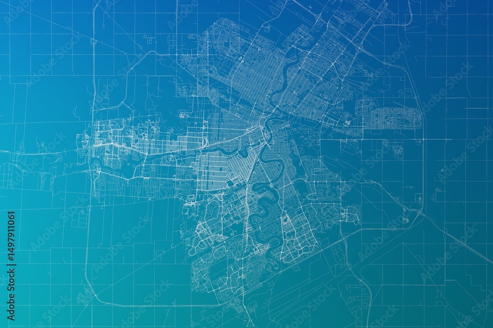 Obraz premium Map of the streets of Winnipeg (Canada) made with white lines on greenish blue gradient background. 3d render, illustration