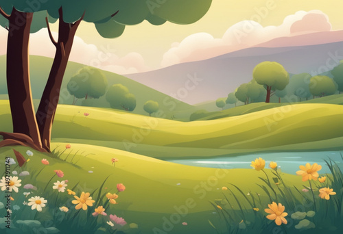 cartoon rural summer scene, cartoon holiday landscape, bright nature cartoon, cartoon meadow scenery, cartoon floral landscape, cartoon outdoor park scene