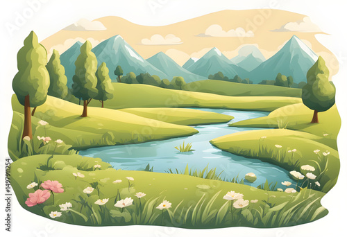 cartoon nature scene, summer garden cartoon, cartoon sunshine background, cartoon sky and trees, cartoon forest hills, cartoon village scenery, cartoon outdoor illustration, cartoon rural summer scene