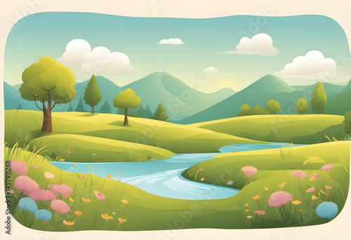 cartoon field with hills, sunny cartoon countryside, cartoon outdoor wallpaper, cartoon trees and clouds, cartoon environment background, cartoon nature scene, summer garden cartoon, cartoon sunshine 