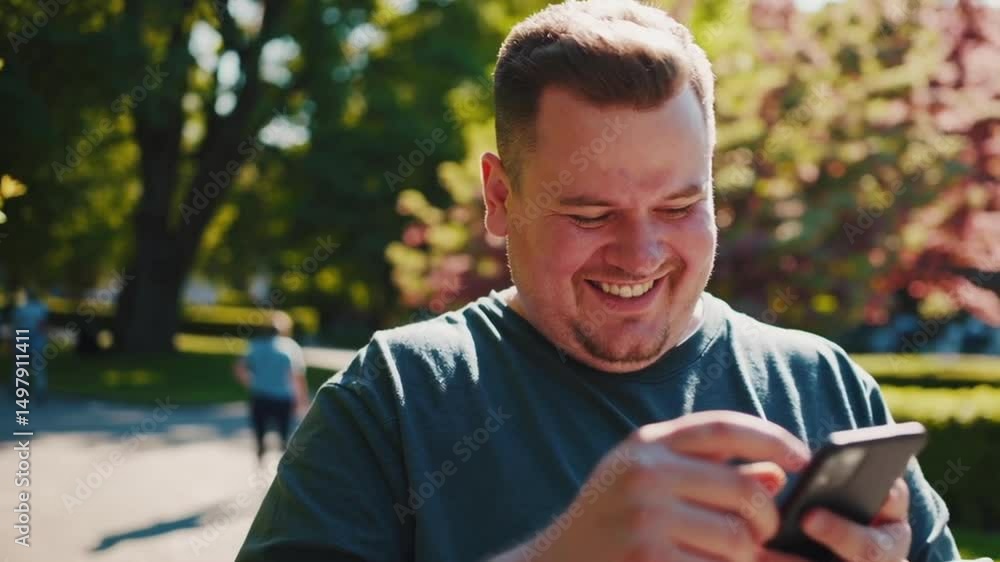 Cheerful man laughing while reading message on smartphone in sunny city park. Cheerful man laughing while reading message on smartphone in sunny city park.