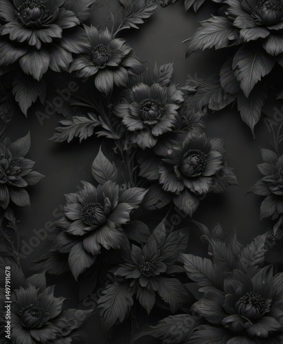 Intricate black charcoal floral wallpaper, elegant design , background, modern