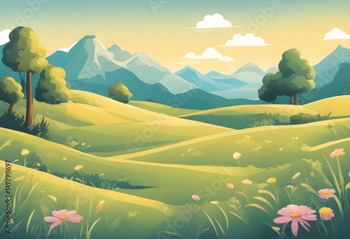cartoon scenery with sun, cartoon natural landscape, countryside cartoon art, cartoon grassland background, cartoon horizon with trees, happy summer cartoon, cartoon landscape wallpaper, children’s ca