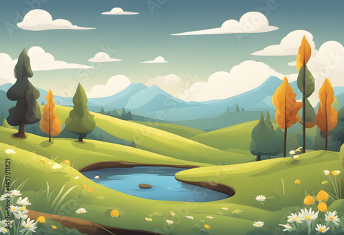 cartoon village landscape, cartoon tree illustration, outdoor cartoon background, summer field cartoon, cartoon scenery with sun, cartoon natural landscape, countryside cartoon art, cartoon grassland 