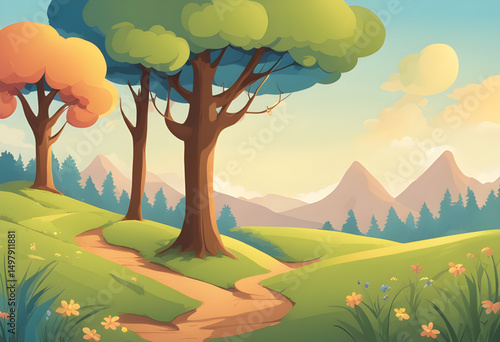 cartoon rural background, cartoon village landscape, cartoon tree illustration, outdoor cartoon background, summer field cartoon, cartoon scenery with sun, cartoon natural landscape, countryside carto