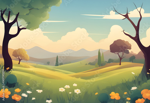 cartoon park landscape, green grass cartoon, cartoon rural background, cartoon village landscape, cartoon tree illustration, outdoor cartoon background, summer field cartoon, cartoon scenery with sun,