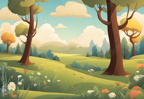 cartoon green field, summer countryside cartoon, nature cartoon background, cartoon hills and trees, cartoon park landscape, green grass cartoon, cartoon rural background, cartoon village landscape, c