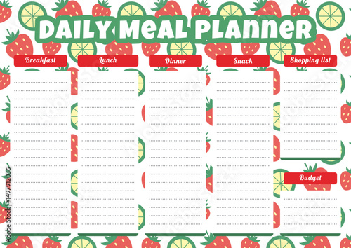 Daily meal planner template on a pattern of strawberries and lime slices with a place for notes. Horizontal A4 sheet