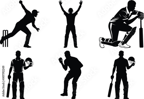 Cricket Player Action Silhouette Dynamic Sports Vector Illustration. Batsman in Motion, Powerful Cricket, Bowler Throwing, Cricket Shot, Fielding Poses, World Cricket Champion, Cricket Action Scene.