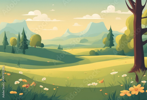 cartoon landscape with trees, summer forest background, cartoon meadow with trees, sunny day cartoon scene, cartoon green field, summer countryside cartoon, nature cartoon background, cartoon hills an