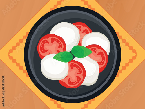 Caprese salad with mozzarella and tomato on a plate top view vector illustration. Caprese salad on a wooden table above view vector. Classic Italian salad on the table drawing