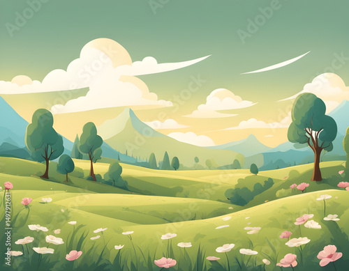 cartoon outdoor background, children’s nature wallpaper, cartoon countryside meadow, cartoon hills and meadow, cartoon sunny meadow, cartoon nature for kids, cartoon meadow scenery, cartoon valley wit