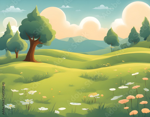 cartoon green field, children’s park cartoon, cartoon forest meadow, cartoon grassland background, colorful cartoon landscape, cartoon outdoor background, children’s nature wallpaper, cartoon countrys