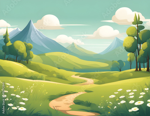 cartoon nature scenery, cartoon meadow with flowers, cartoon green field, children’s park cartoon, cartoon forest meadow, cartoon grassland background, colorful cartoon landscape, cartoon outdoor back