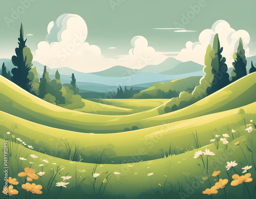 kids cartoon landscape, cartoon nature scenery, cartoon meadow with flowers, cartoon green field, children’s park cartoon, cartoon forest meadow, cartoon grassland background, colorful cartoon landsca