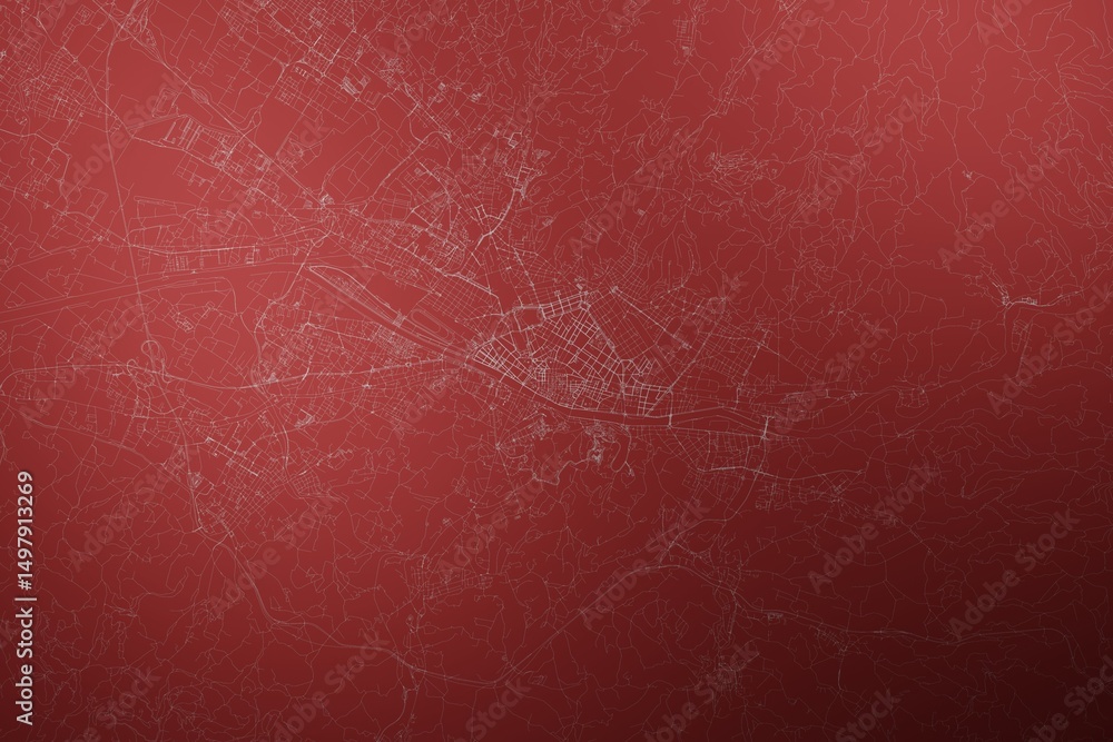 Fototapeta premium Map of the streets of Florence (Italy) made with white lines on abstract red background lit by two lights. Top view. 3d render, illustration