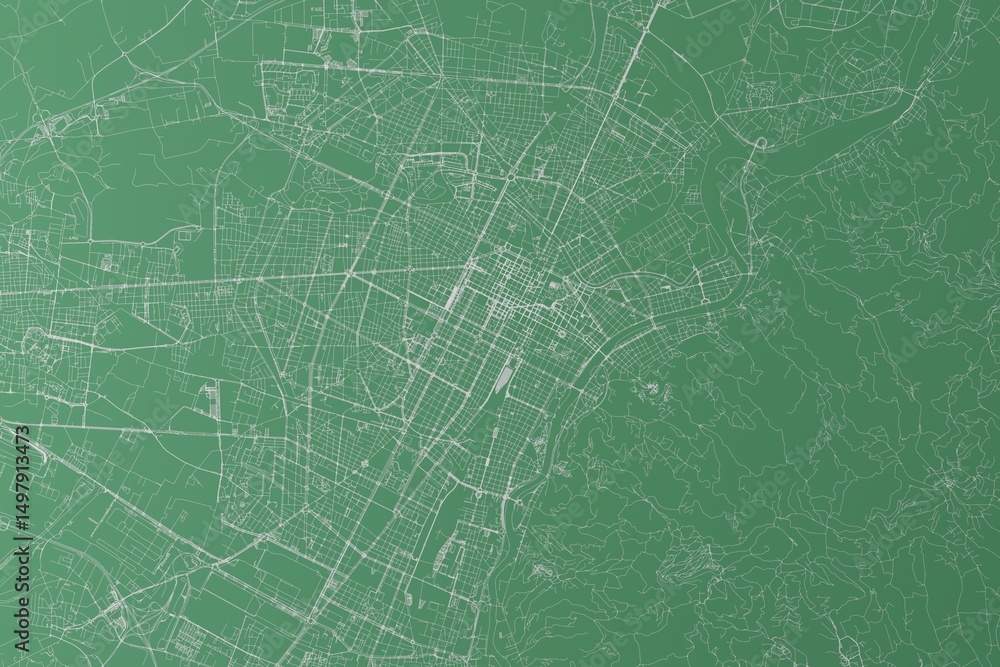 Stylized map of the streets of Turin (Italy) made with white lines on green background. Top view. 3d render, illustration Stylized map of the streets of Turin (Italy) made with white lines on green background. Top view. 3d render, illustration