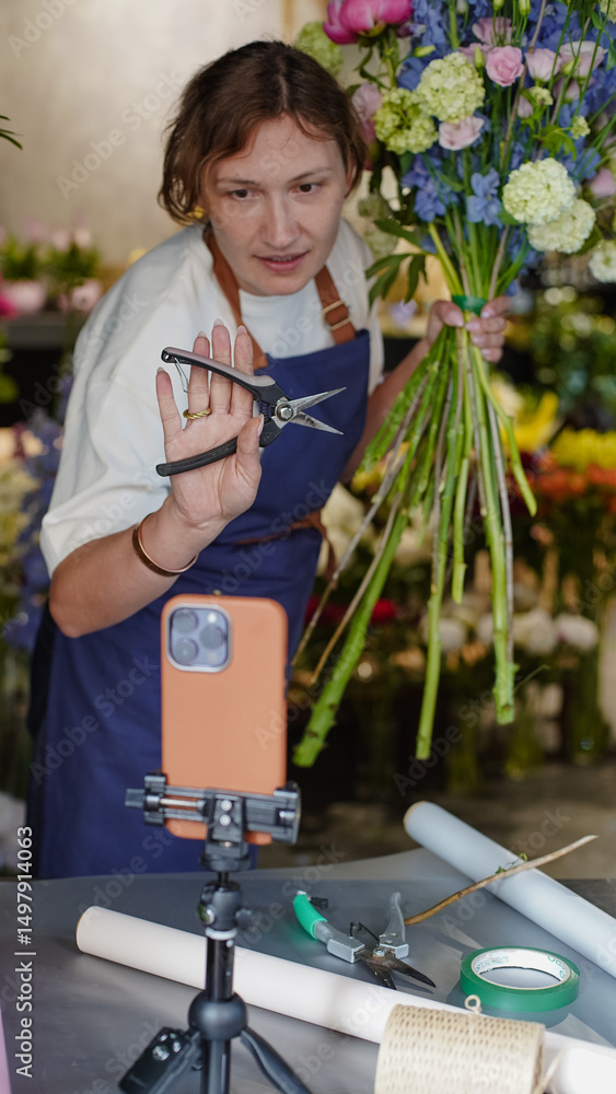 Fototapeta premium Florist conducts online training on making bouquets using a phone placed on a tripod on a table. Florist records an educational video. Small business. Close-Up. She demonstrates the pruner she uses.