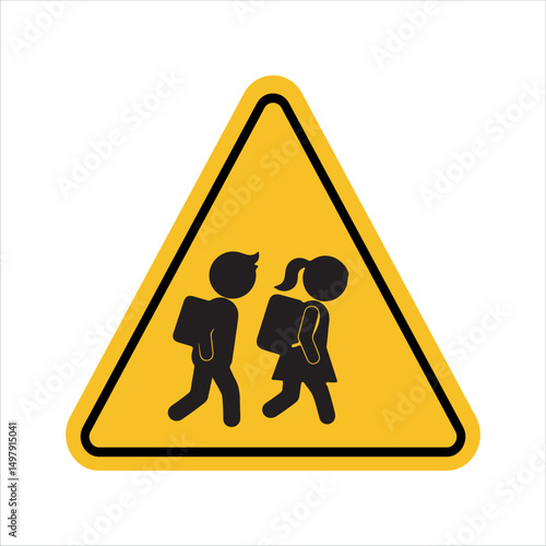 Yellow and black school children crossing sign, vector illustration for pedestrian safety warnings