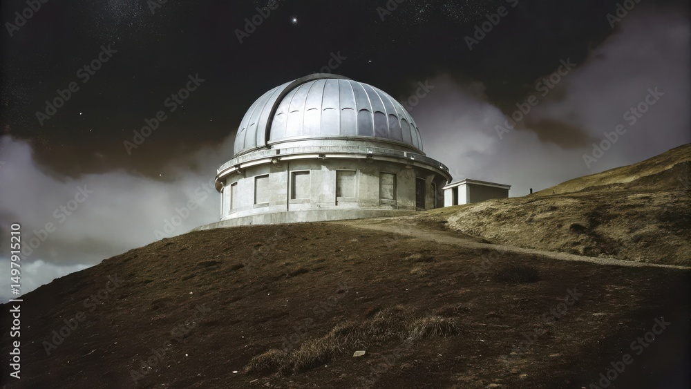 Obraz premium A large observatory dome sits atop a hill under a dramatic, cloudy night sky.