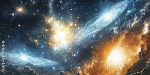 Abstract cosmic nebulae with radiant star systems flowing into ethereal space generative AI