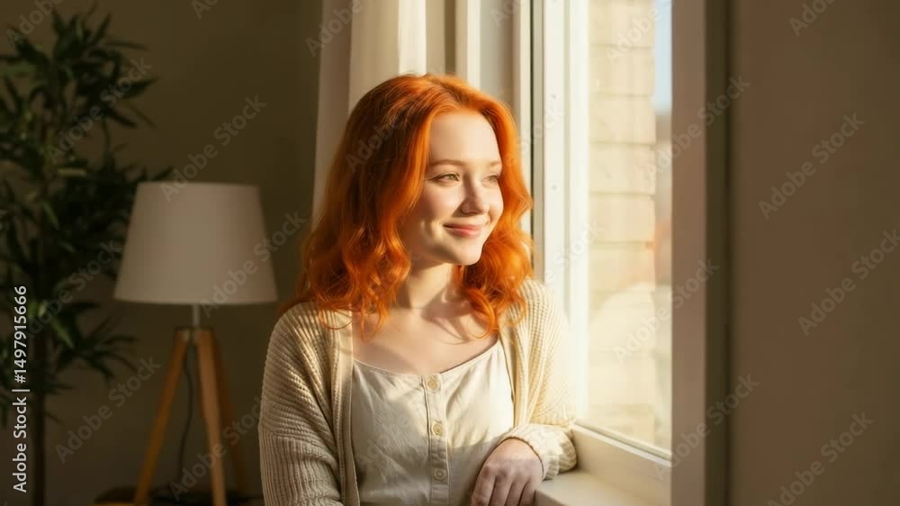 Close-up of a girl gazing out window with soft smile and sunlight on her face, calm interior scene Close-up of a girl gazing out window with soft smile and sunlight on her face, calm interior scene