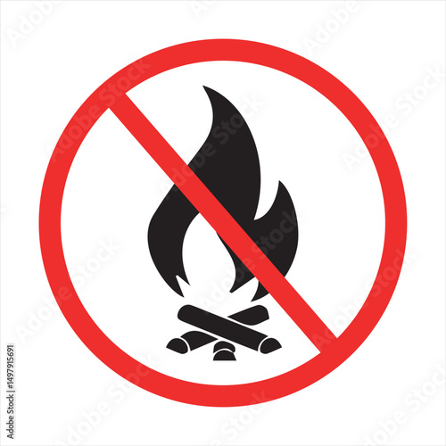 Red and black no open fire sign with crossed campfire, vector illustration for safety restrictions