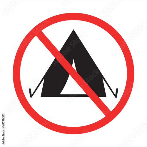 Red and black no camping sign with crossed tent, vector illustration for restricted area rules