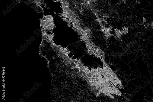 Stylized map of the streets of Bay Area (California, USA) made with white lines on black background. Top view. 3d render, illustration