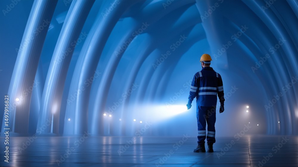 Fototapeta premium Security guard shining flashlight in dark turbine hall