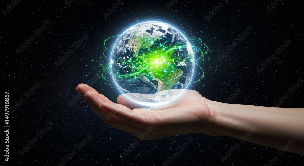 Earth held in a hand, glowing network Earth held in a hand, glowing network