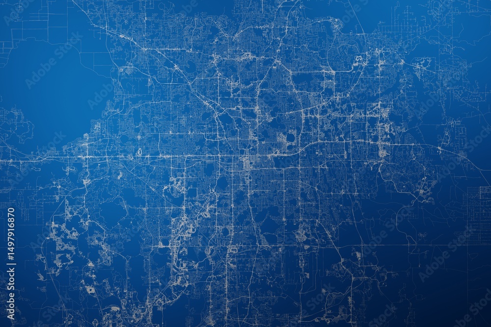 Stylized map of the streets of Orlando (Florida, USA) made with white lines on abstract blue background lit by two lights. Top view. 3d render, illustration Stylized map of the streets of Orlando (Florida, USA) made with white lines on abstract blue background lit by two lights. Top view. 3d render, illustration