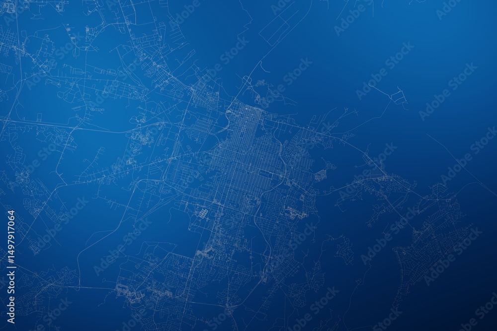 Fototapeta premium Stylized map of the streets of Savannah (Georgia, USA) made with white lines on abstract blue background lit by two lights. Top view. 3d render, illustration