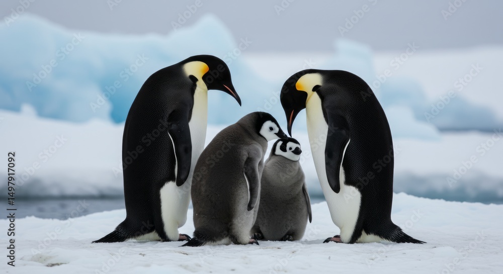 Obraz premium Emperor penguin family huddled together on Antarctic ice, showcasing parental care