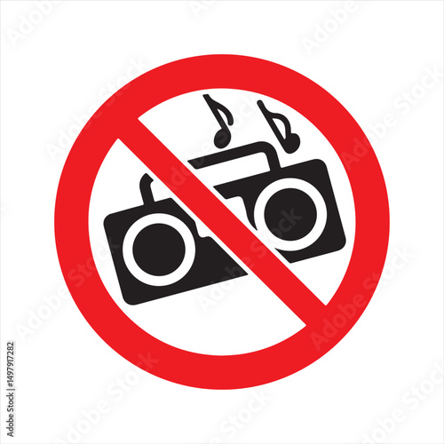 Red and black no music sign with crossed boombox and notes, vector illustration for noise restrictions