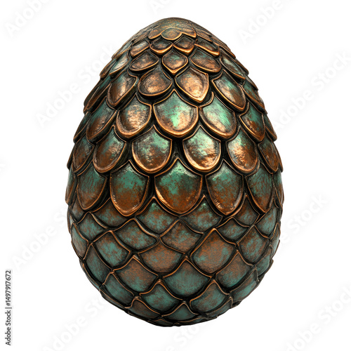 A digitally rendered, ovular object resembling a dragon egg.  Its surface is textured with overlapping, scale-like patterns in shades of copper and verdigris, suggesting age and metallic composition