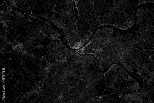 Stylized map of the streets of Pittsburgh (Pennsylvania, USA) made with white lines on black background. Top view. 3d render, illustration
