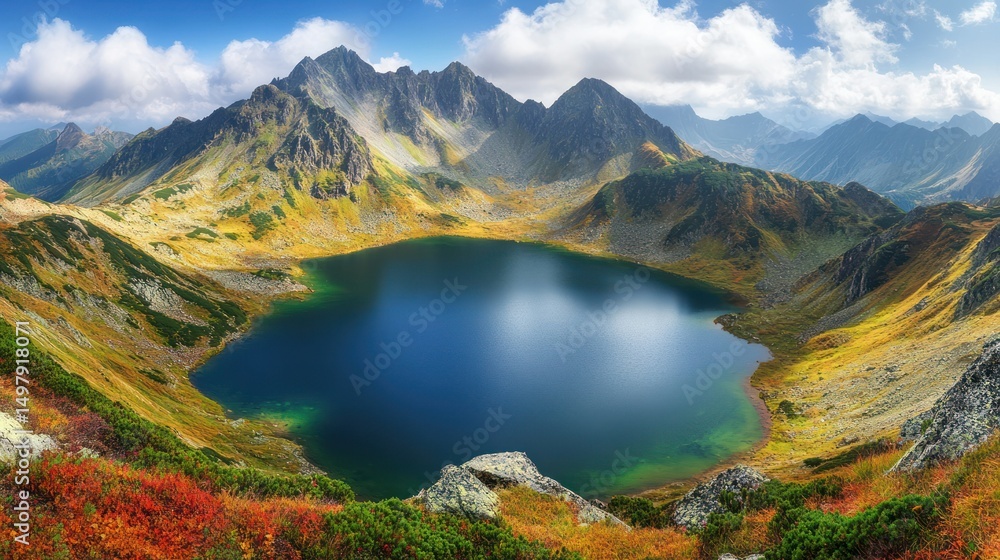 Obraz premium Breathtaking mountain lake landscape with vivid autumn colors and sky reflections