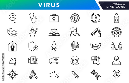 Virus line icon set. Bacteria, Bacteria, microbiology, biohazard, disease, virus protection, vaccine, protective, microorganism, and health awareness outline vector icon. UI thin outline icon pack
