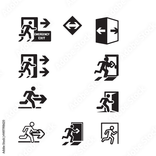 This graphic set displays various emergency exit signs featuring figures running towards open doors on white